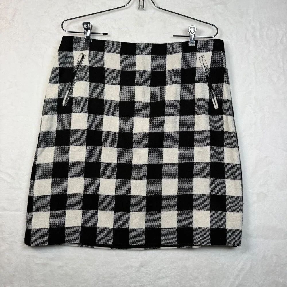 Talbots Black White Buffalo Plaid Straight Skirt Womens Size 10 Wool Blend Lined